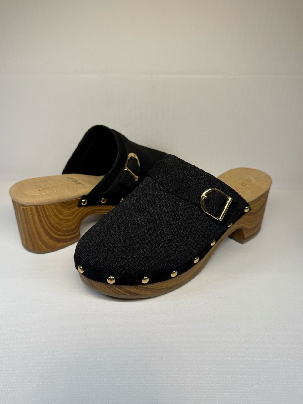 Taryn by Taryn Rose Black Comfort Clog Mules Faux Wood Heel Gold Buckle Size 8
